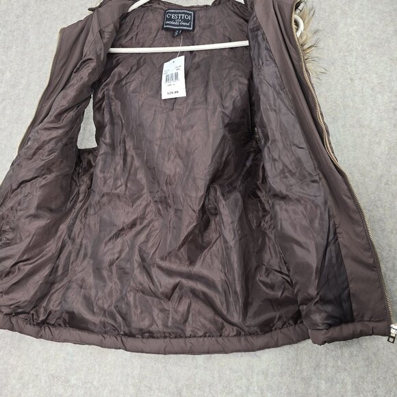 CEsttoi Womens Quilted Zip-Up Brown Vest With Fur Hood And Pockets Polyester - Picture 3 of 8
